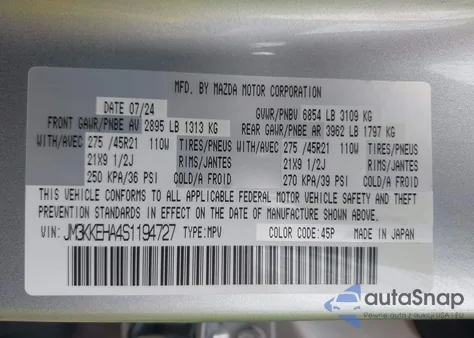 2025 Mazda Cx-90 Phev Premium Plus Package from USA, damaged, VIN JM3KKEHA4S1194727